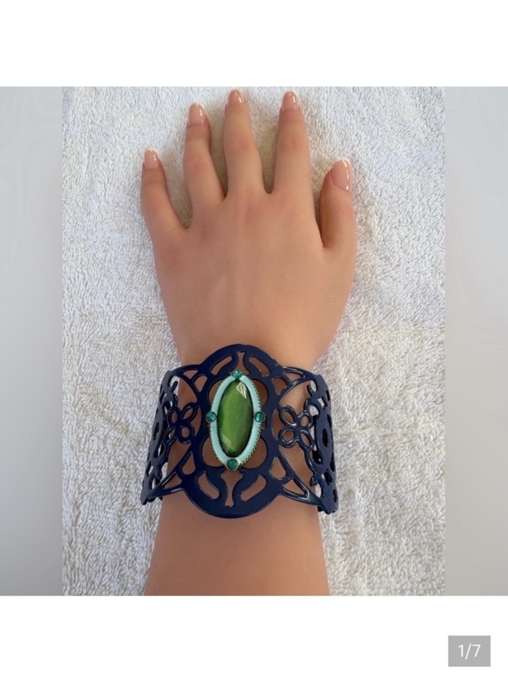 Intricate Blue Cuff Bracelet with Green Accent Rhinestone